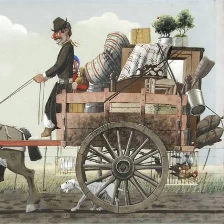 Ilustración de un paisano en una carreta cargada con muebles y enseres, acompañado por un perro