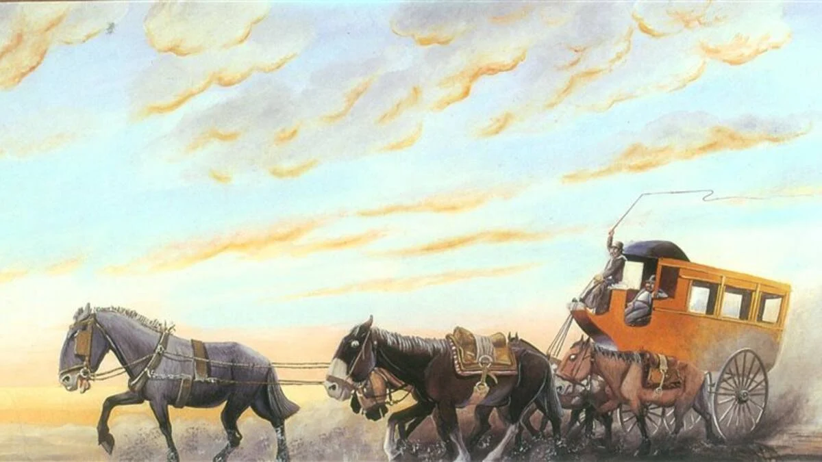 Pintura de una galera tirada por caballos cruzando la llanura
